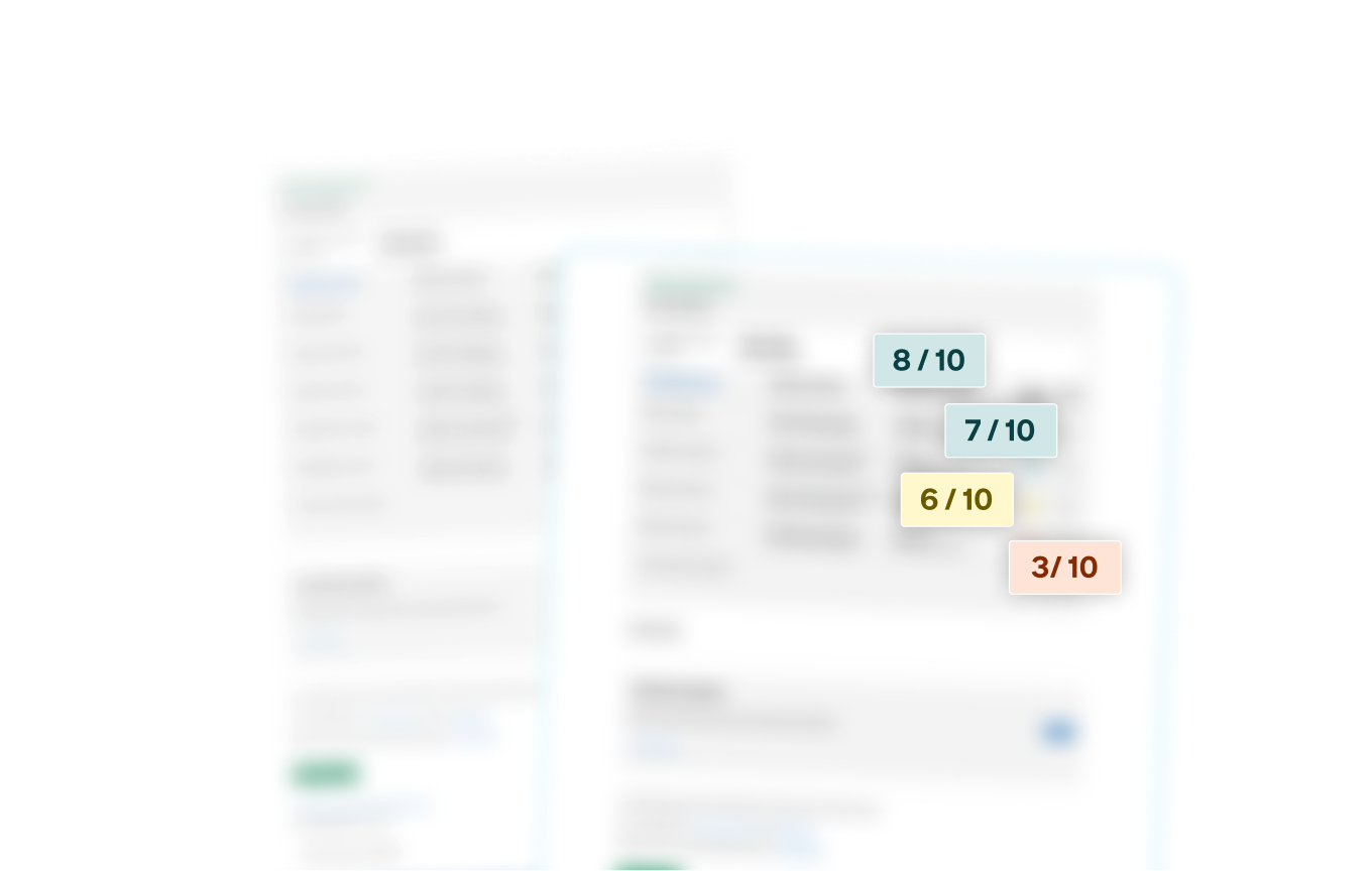 Results table with blurred rows and coloured 8/10, 7/10, 6/10 and 3/10 match confidence scores