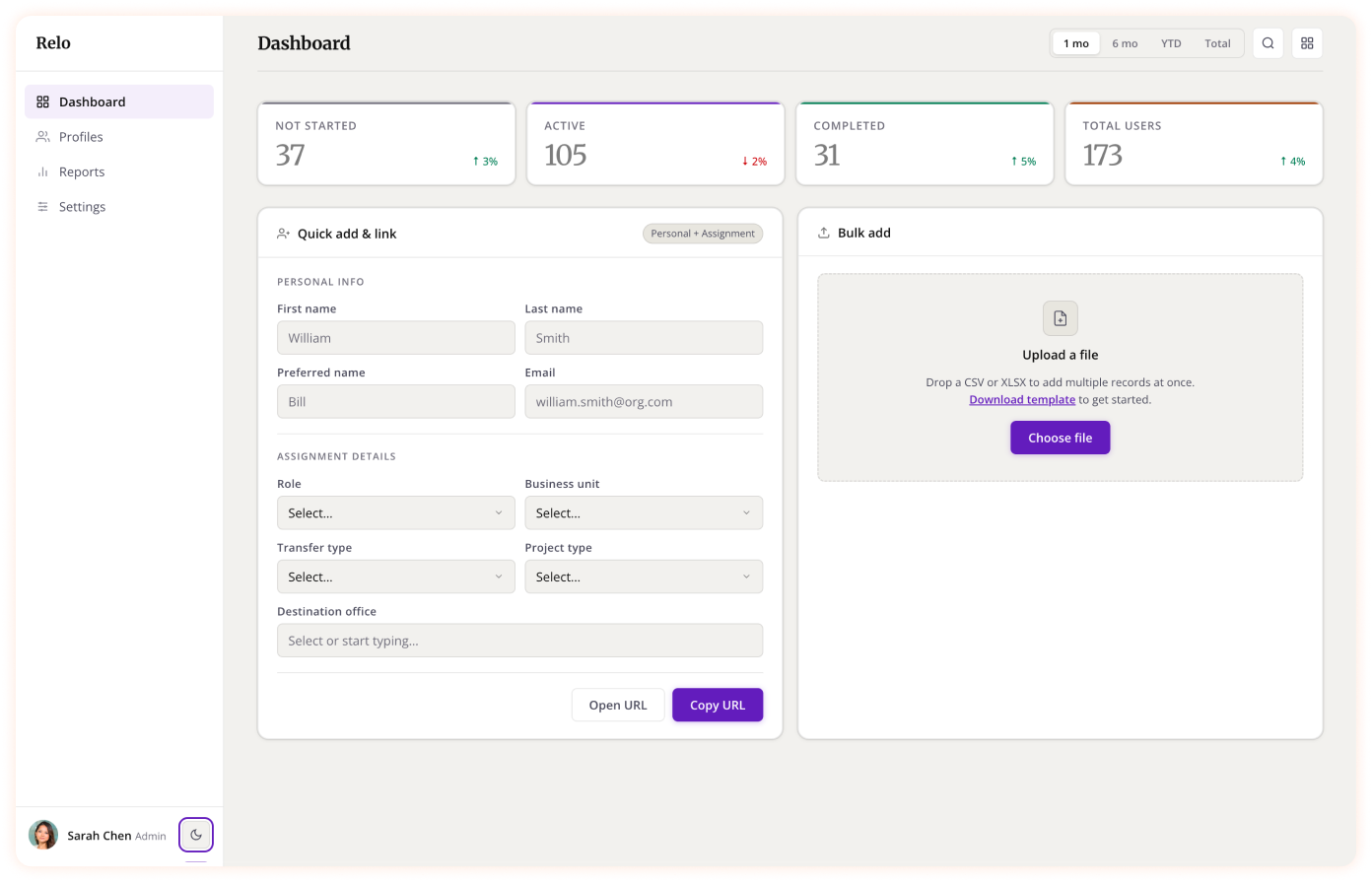 Admin dashboard for generating personalised onboarding links